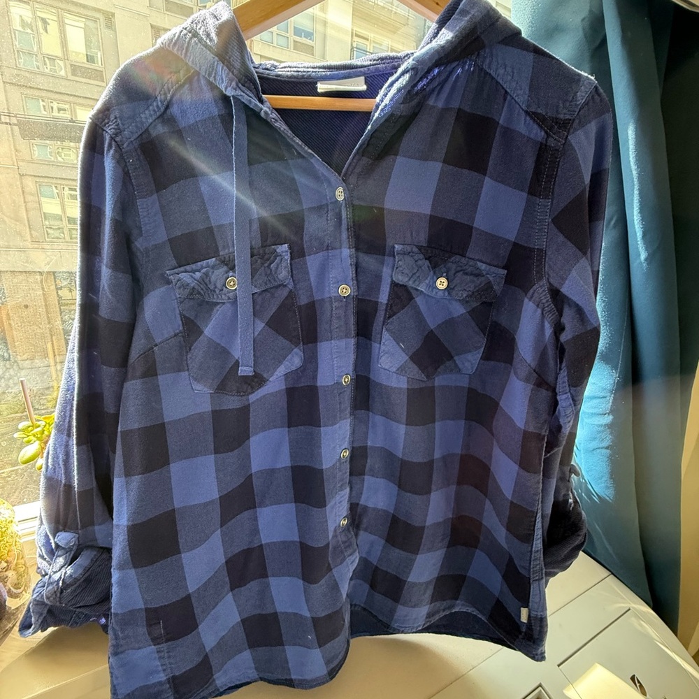 Columbia Blue/Indigo Plaid Flannel Hoodie Shirt